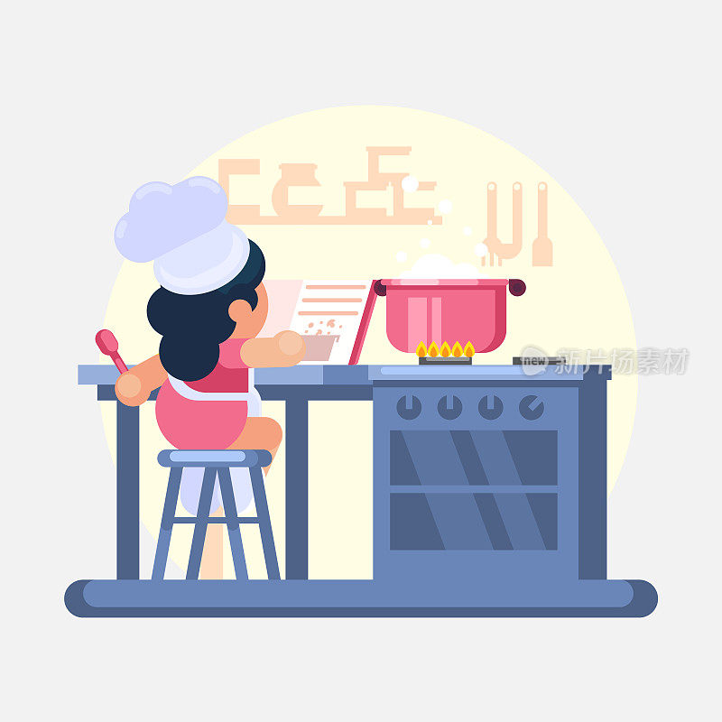 快乐的小可爱的女孩厨师帮助烹饪在厨房研究一个烹饪书矢量彩色插图在平面风格的图像eps10