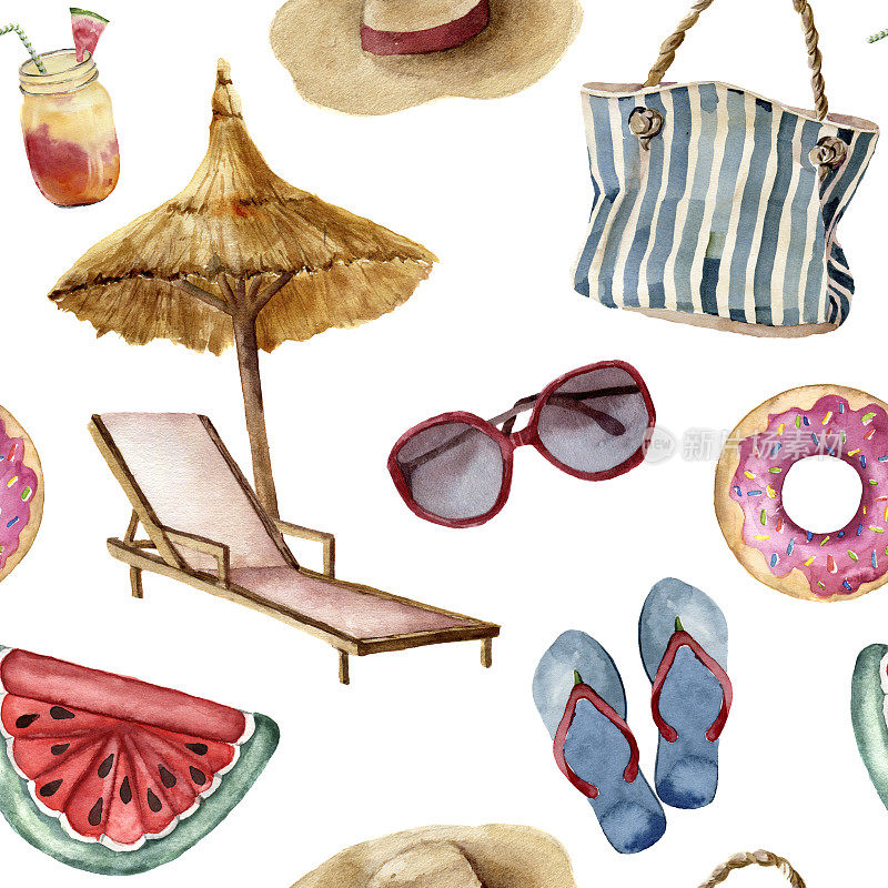 水彩夏日海滩图案。手绘夏日度假物品:太阳镜、沙滩伞、沙滩椅、草帽、沙滩包、游泳池浮子、人字拖。热带插图。