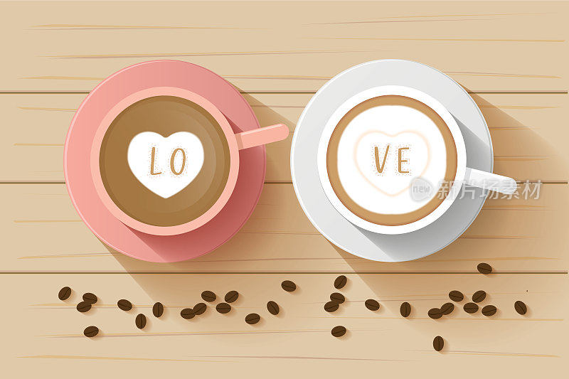 咖啡夫妇杯顶视图，拿铁爱人的心在顶部和咖啡豆，矢量插图。