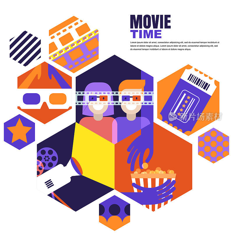 电影时间，日期在电影院的概念。矢量设计元素为电影传单，海报，横幅，门票销售。