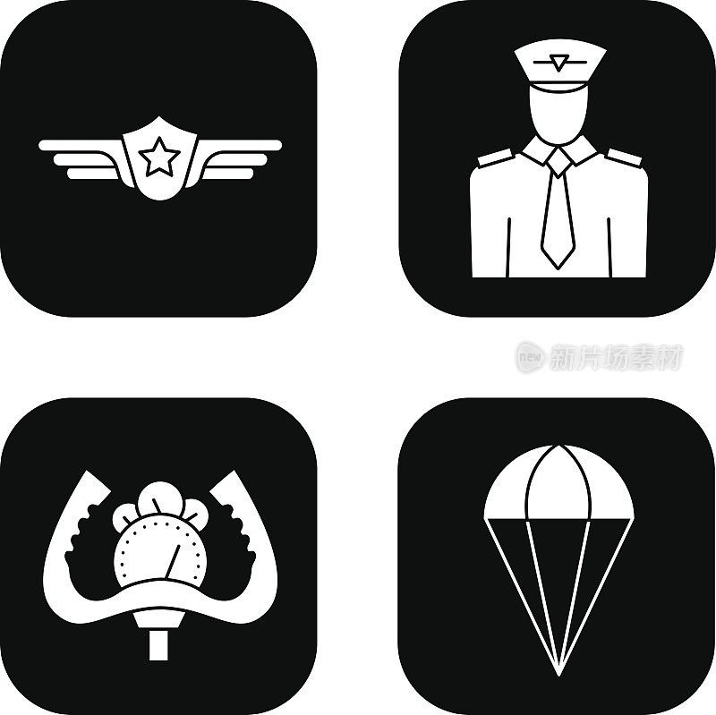 飞行员的图标集。飞行员标签、飞机操纵轮、降落伞符号。矢量白色轮廓插图在黑色方块。