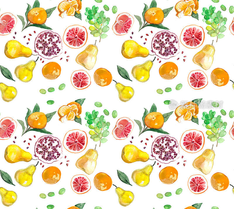 水彩图案与水果，橘子，石榴，葡萄