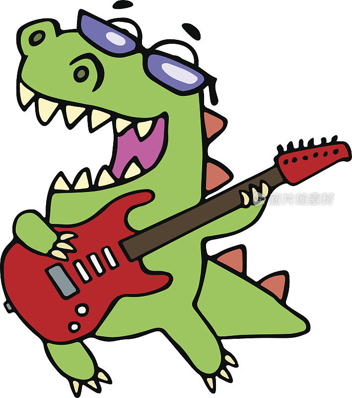 摇滚明星恐龙弹电吉他。矢量插图。