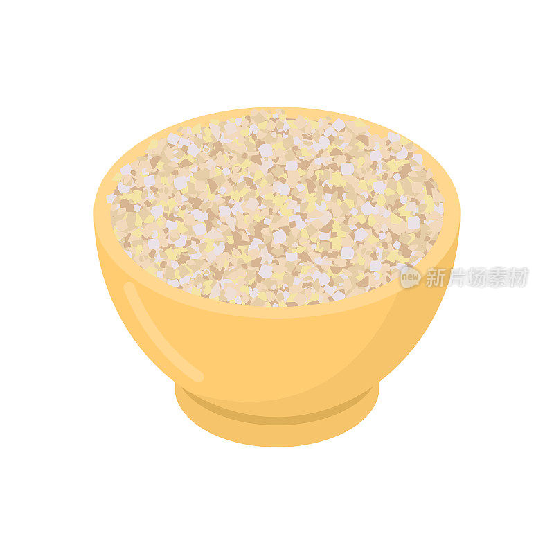 大麦粉在木碗中隔离。木碟中的格栅。白色背景上的纹理。矢量图