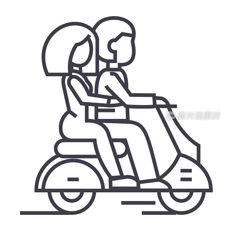 相爱的夫妇骑摩托车矢量线图标，标志，插图的背景，可编辑的笔触
