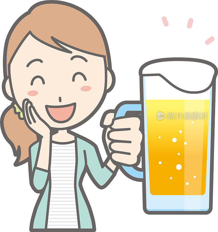 一个穿着条纹衣服笑着喝啤酒的年轻女人的插图