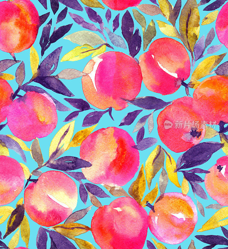 鲜艳无缝图案与手绘水彩桃子。设计时尚的水果。