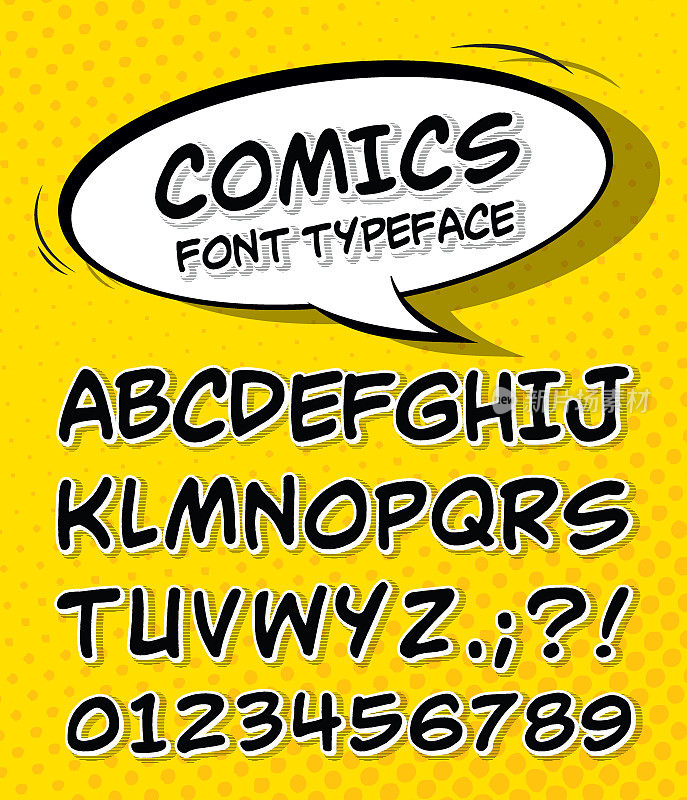 漫画字体。漫画风格的字母，波普艺术
