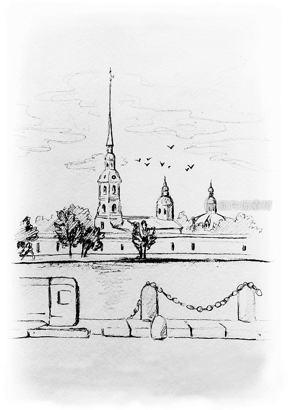 彼得-保罗城堡，圣彼得堡，手绘插图