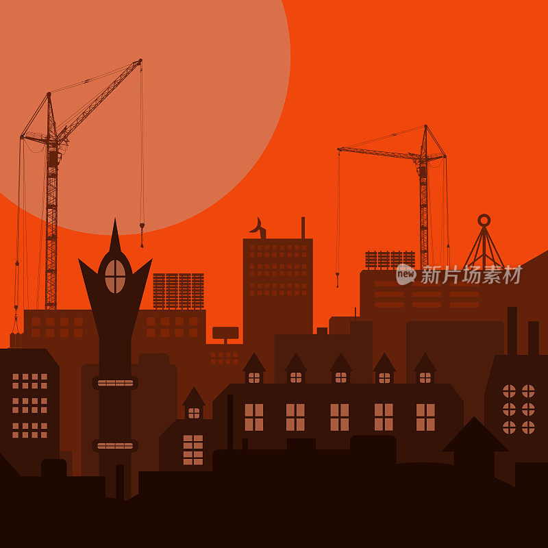 在橙色夕阳背景下，正在建设的欧洲复古工业城市