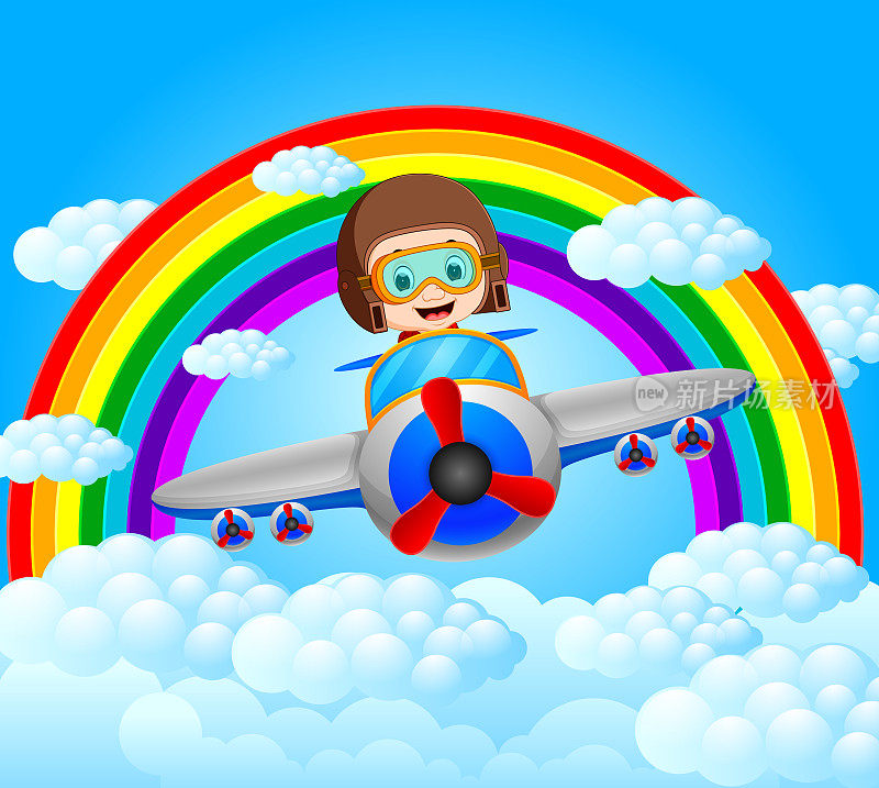有趣的飞行员在彩虹风景中驾驶飞机