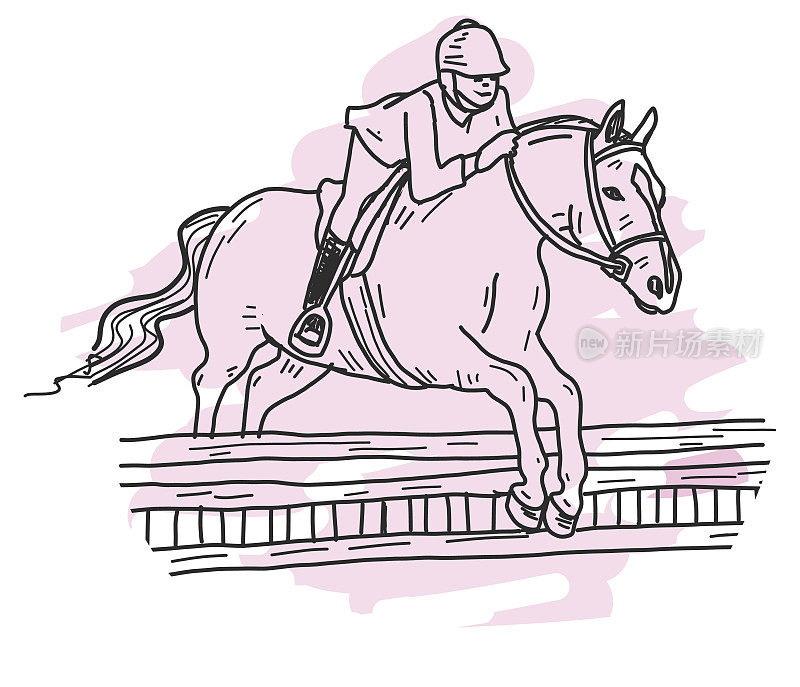 图标画的一个英国骑马的马和骑手跳过篱笆