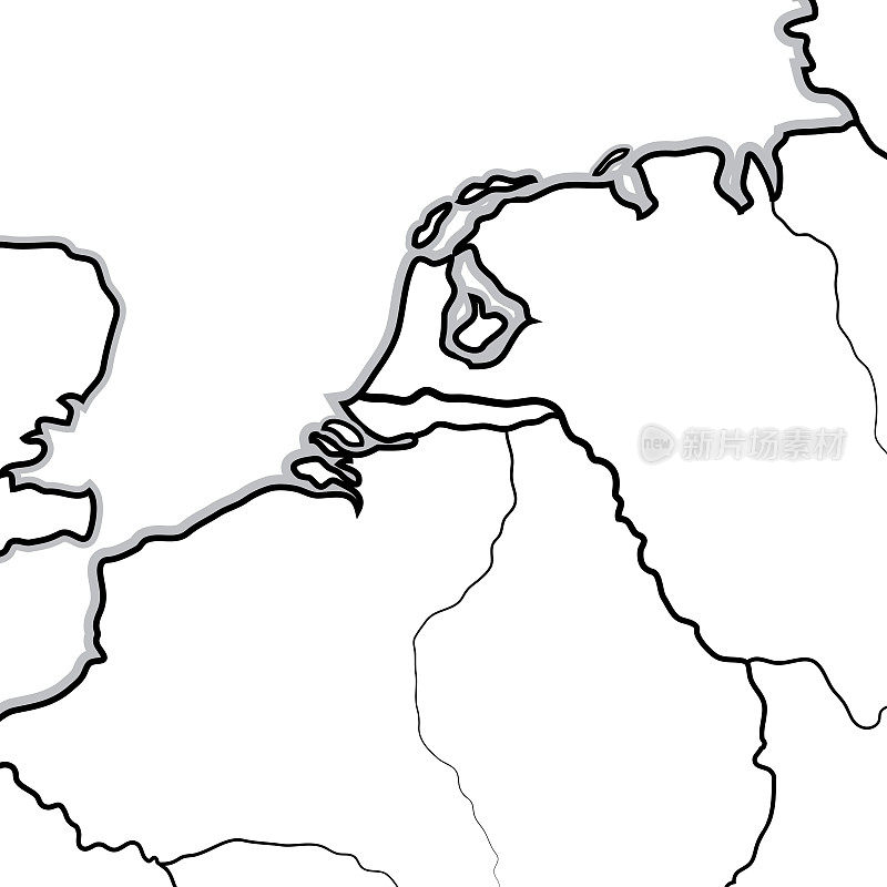 荷兰地图:荷兰，比利时，卢森堡，比荷卢，荷兰，泽兰，弗兰德，布拉班特，弗里斯兰，皮卡迪。低地，低地国家。有海岸线的地理图。
