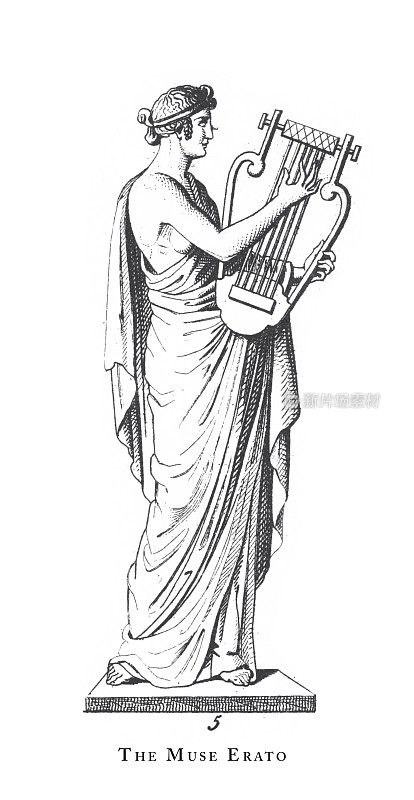 缪斯埃拉托，希腊和罗马的神和宗教用具雕刻古董插图，出版于1851年