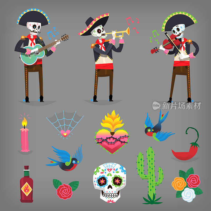 色彩丰富的字符和矢量元素代表死者的日子，传统的秋季墨西哥节日纪念死者。