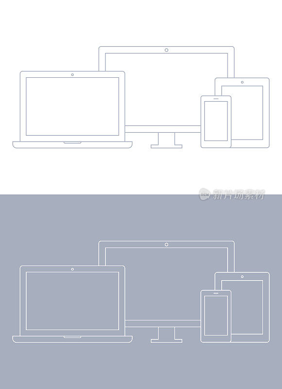 技术设备;采购产品笔记本电脑，电脑显示器，电视，平板电脑，智能手机，线框图标设置在灰色和白色