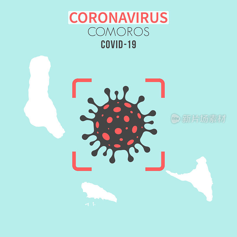 科摩罗地图，红色取景器中有冠状病毒细胞(COVID-19)