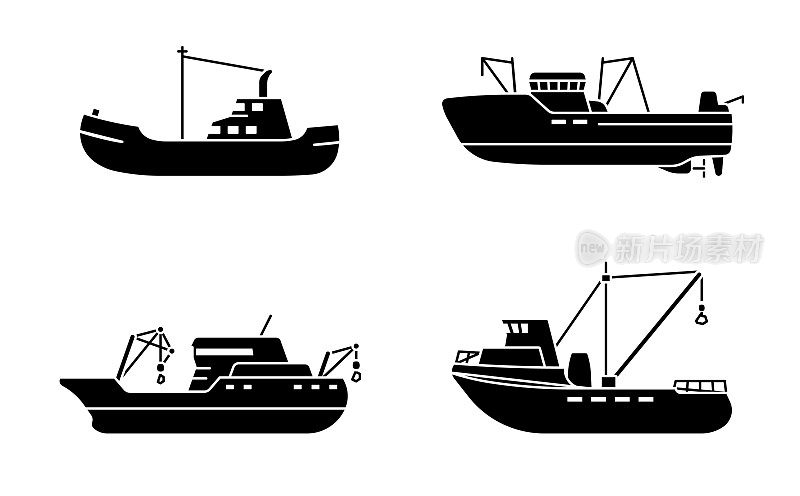 一组渔船。海洋渔船船。渔船侧视图。