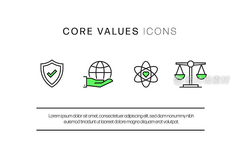 核心价值相关的平面线图标，轮廓向量符号插图。