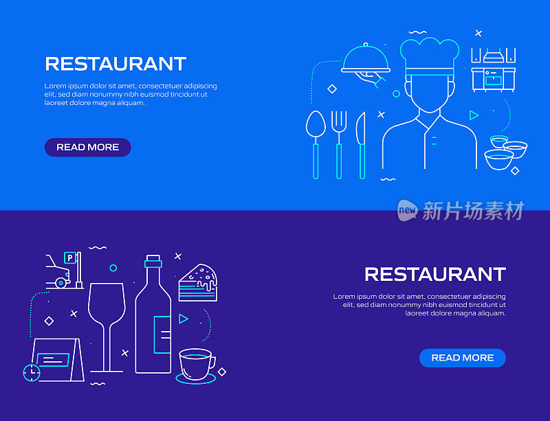 餐厅，食品和饮料相关的现代线条风格网页横幅矢量插图