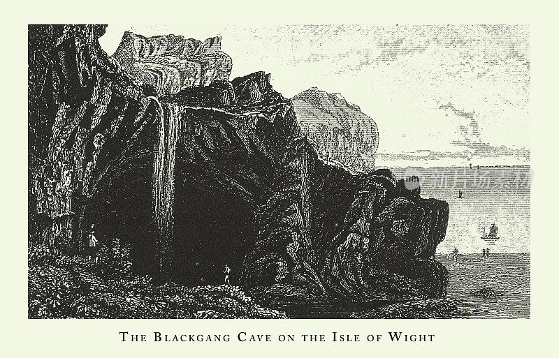 雕刻古董，黑岗洞穴在怀特岛，森林，湖泊，洞穴和不寻常的岩层雕刻古董插图，出版1851年