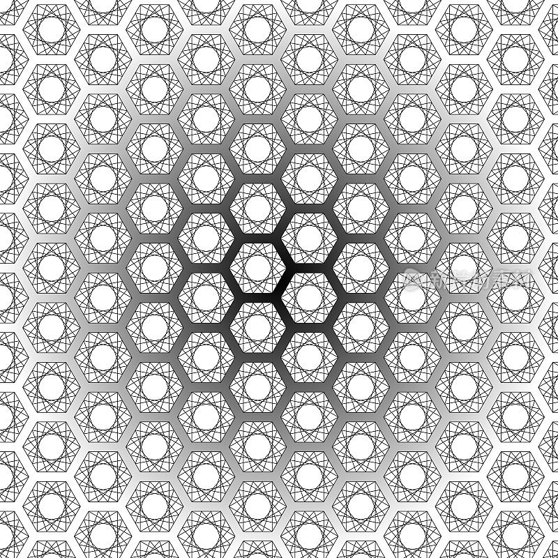 黑线六边形，以重复的蜂窝图案填充旋转线