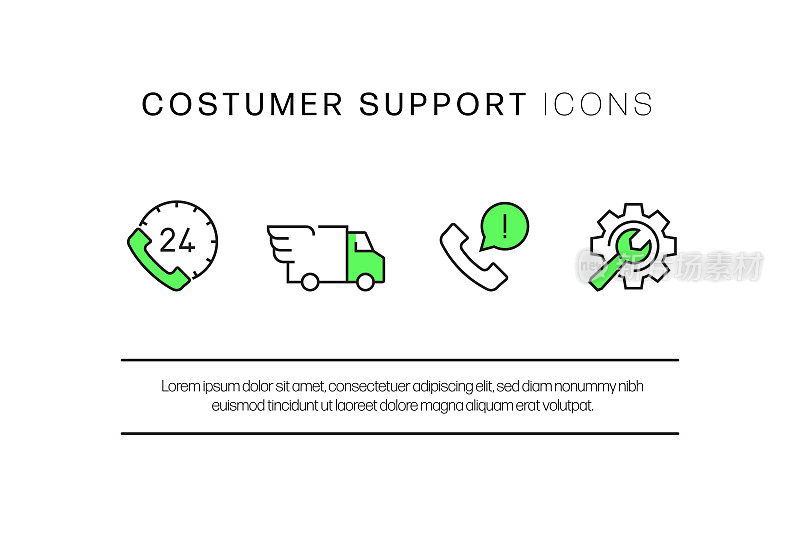 客户支持相关的平面风格线条图标，矢量符号插图。