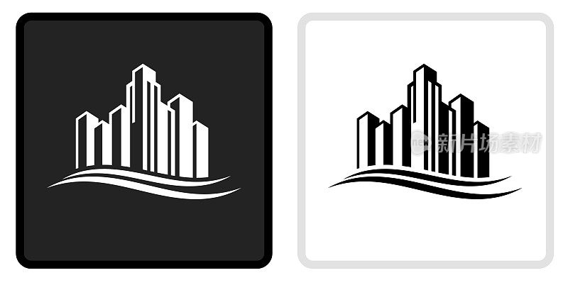 城市景观建筑图标上的黑色按钮与白色翻转
