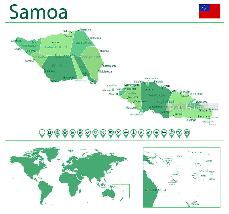萨摩亚详细地图和旗帜。萨摩亚在世界地图上。