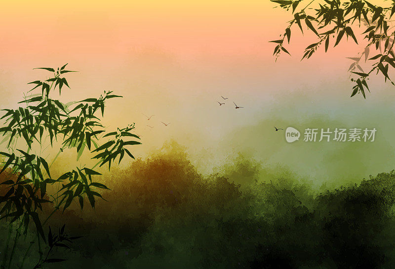 风景有竹林，绿色雾林山和鸟群在日落的天空。传统的东方水墨画粟娥、月仙、围棋。