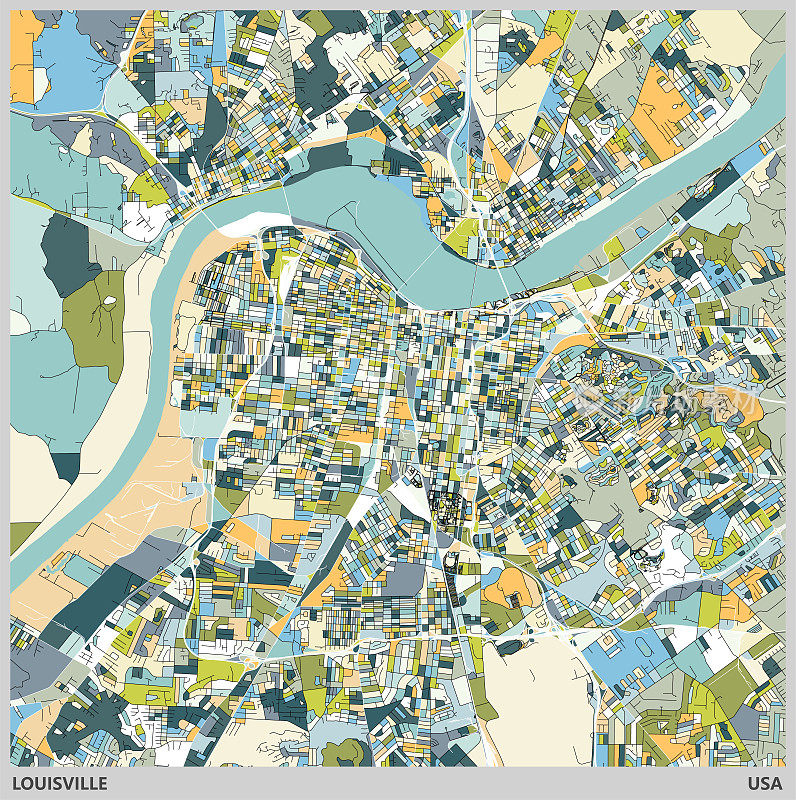 色彩艺术插图风格地图，路易斯维尔市，肯塔基州，美国