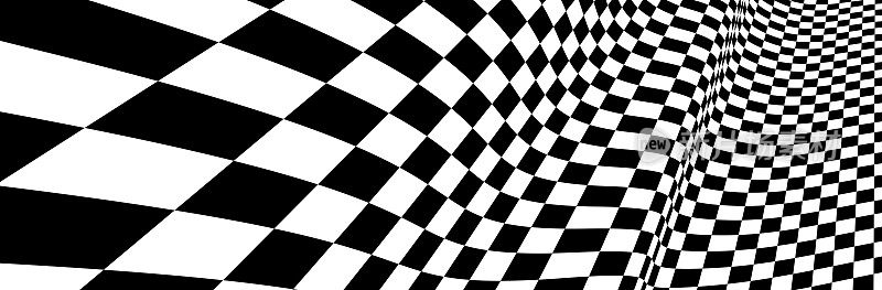 方格图案网格在三维立体透视向量抽象背景，f1赛车旗纹理，黑白格子插图。