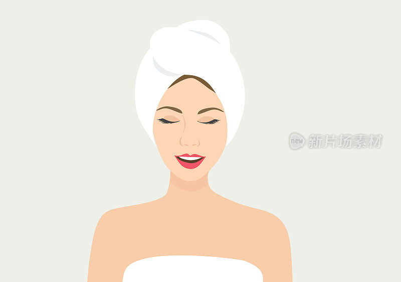 美丽的女人穿着白色毛巾后美容治疗矢量插图。Spa护肤理念