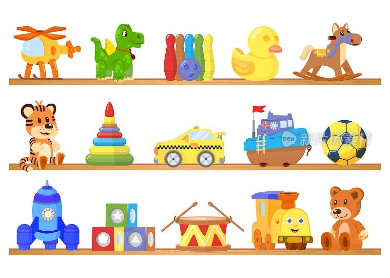 玩具在书架上。玩具商店背景，船卡车，木制货架上的卡通熊。塑料恐龙，隔离儿童游戏得体的向量元素