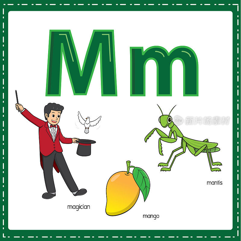 向量插图学习字母M的小写和大写的儿童与3卡通图像。魔术师芒果螳螂。