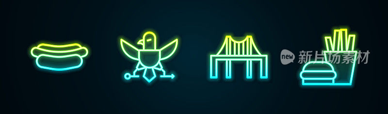 套餐包括热狗三明治、鹰牌、金门大桥和汉堡薯条。发光的霓虹灯图标。向量