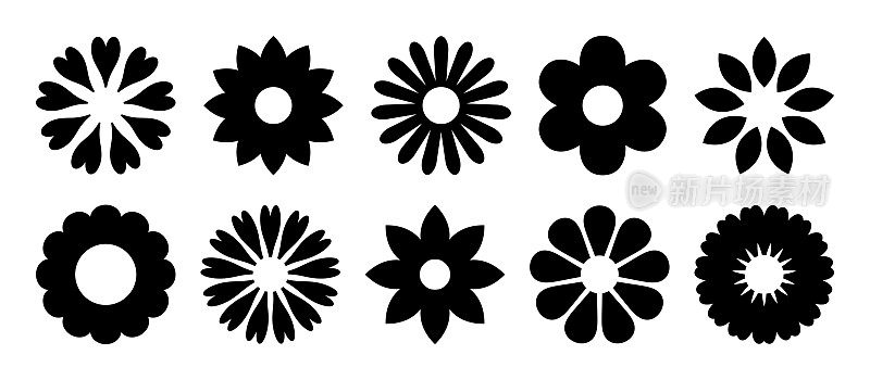 花朵图标。花的轮廓。花卉设计的象征。雏菊，玫瑰和洋甘菊的图案。一套卡通简单的图形形状孤立在白色背景上。向量