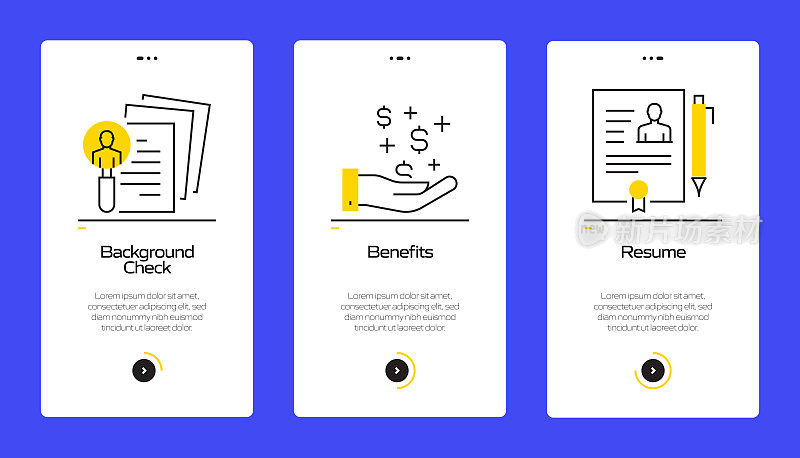 工作和简历概念入职手机应用程序页面屏幕与平面图标。UI设计模板矢量插图