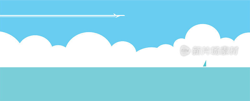 飞机或飞机在天空中与蓬松的云上面的大海和航行在距离矢量插图
