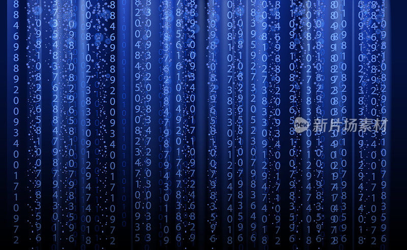 技术背景，矩阵风格，蓝色色彩，数字下降。数字二进制数据流尘埃在屏幕上。编程概念，安全数据，黑客，盗版，技术，互联网。矢量图