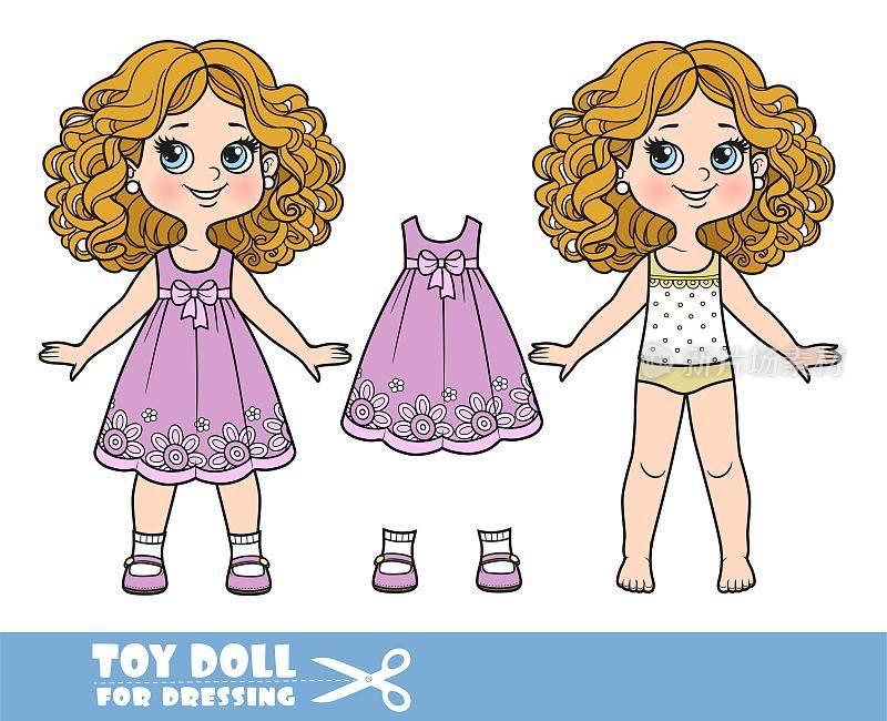 卡通女孩卷发内衣，衣服和衣服分开-紫色的裙子花和凉鞋娃娃的打扮
