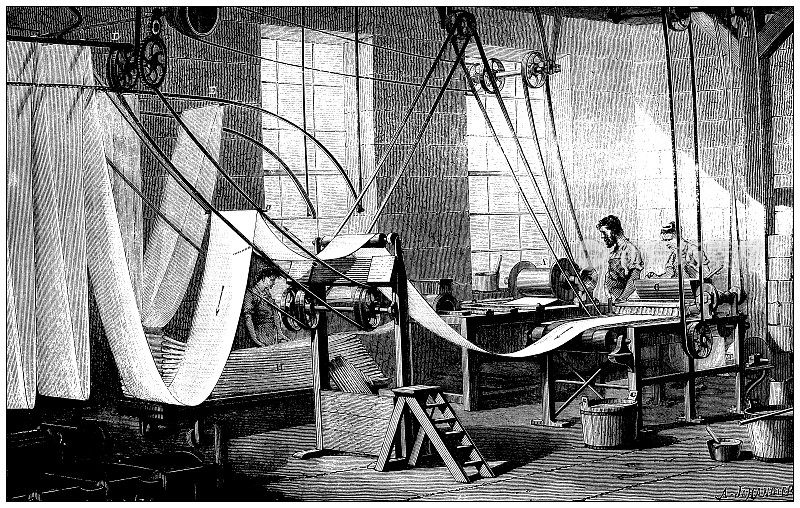 19世纪工业、技术和工艺的古玩插画:墙纸制作