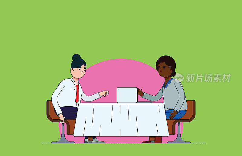 亚洲女商人和非裔美国女商人参加一个休闲商务会议在餐厅。彩色插图与平面设计和明亮的绿色和粉红色的背景。