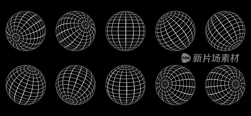 白色地球网格球体设置在黑色背景。三维电线全球纬度，经度。有线3D行星地球。几何圆形网格网格球。线框地球表面。孤立的向量
