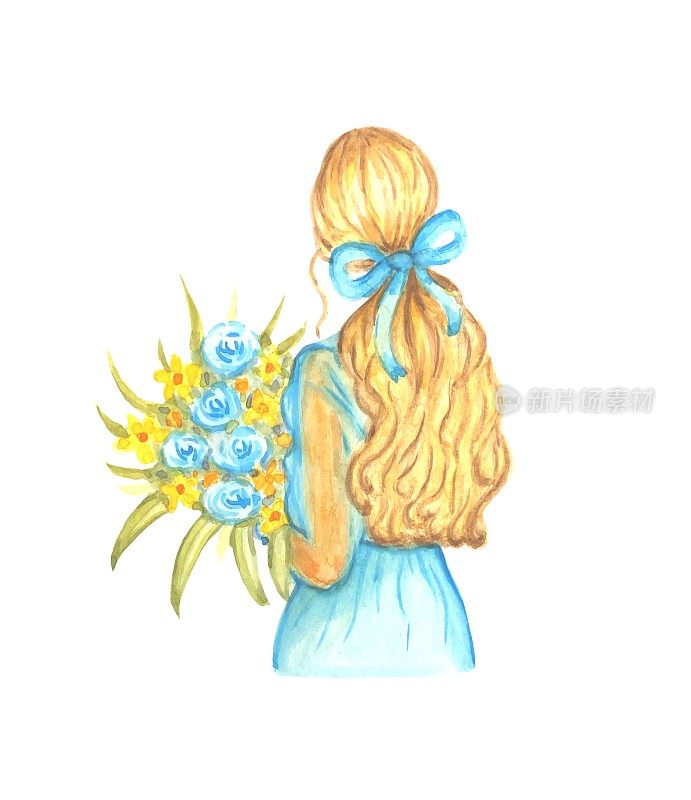 一个身穿蓝色衣服，手捧一束花的女孩。水彩插图。