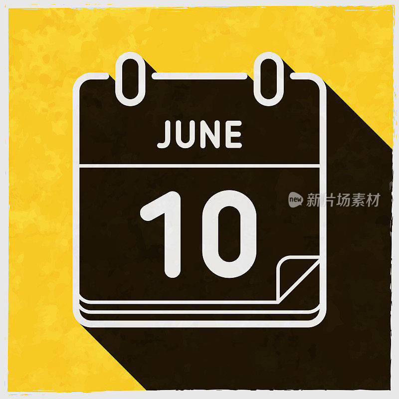 6月10日。图标与长阴影的纹理黄色背景