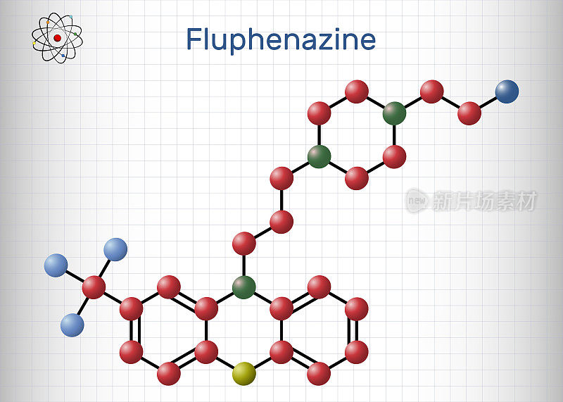 氟奋乃静的分子。它是一种吩噻嗪，神经安定，抗精神病药，用于治疗精神病。分子模型。一张纸在笼子里