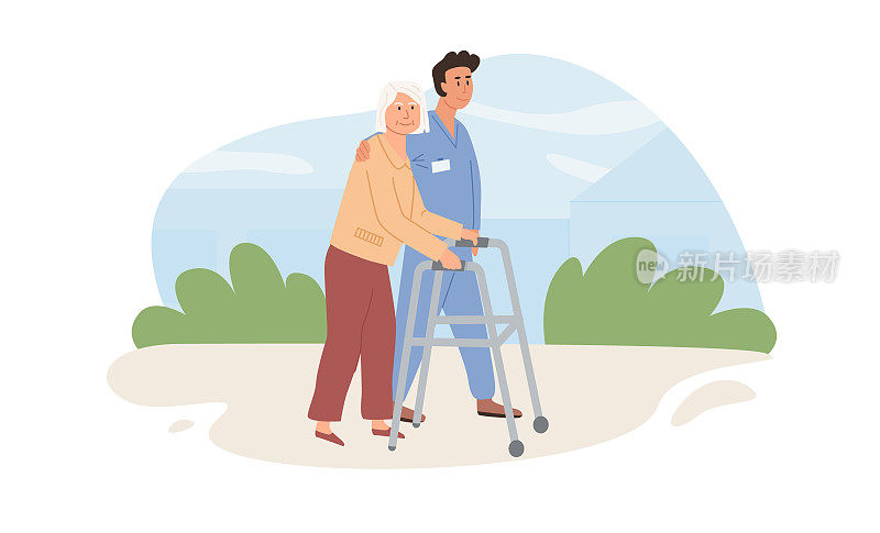 男护士或志愿者帮助老年患者进行骨科助行器。照顾老人，在户外散步。体育活动，物理治疗，治疗康复。矢量平面插图。