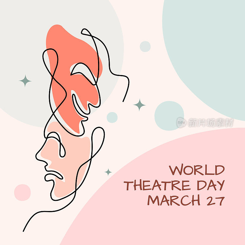世界戏剧日横幅设计，带有人物面具草图，连续单线绘制，矢量插图。