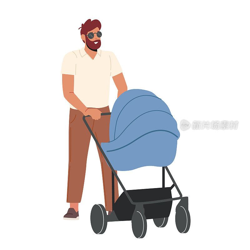 年轻的爸爸和婴儿车里的小婴儿一起散步。休产假的父亲，单身父亲，带着马车散步的男人